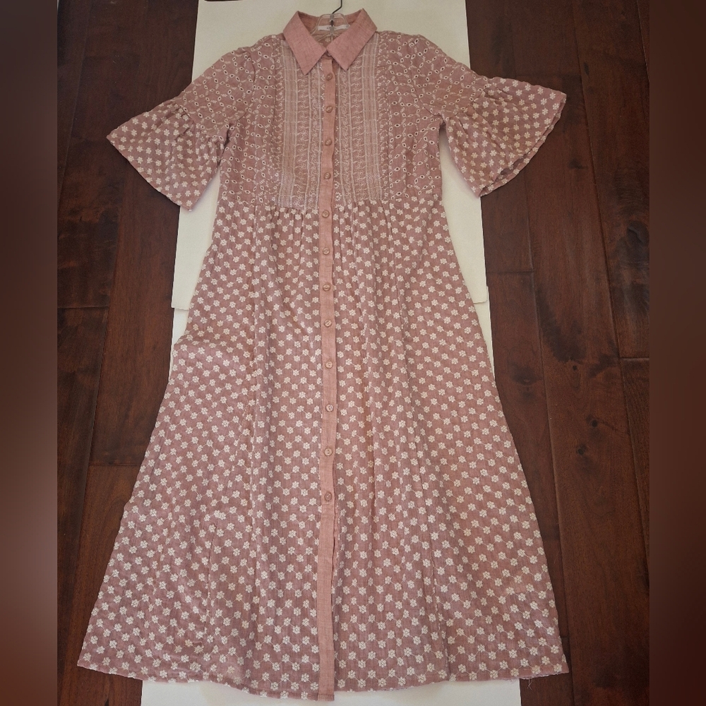 ANANY Embroidered Lace Eyelet Midi Dress in Dusty Rose Pink Size L - NWT